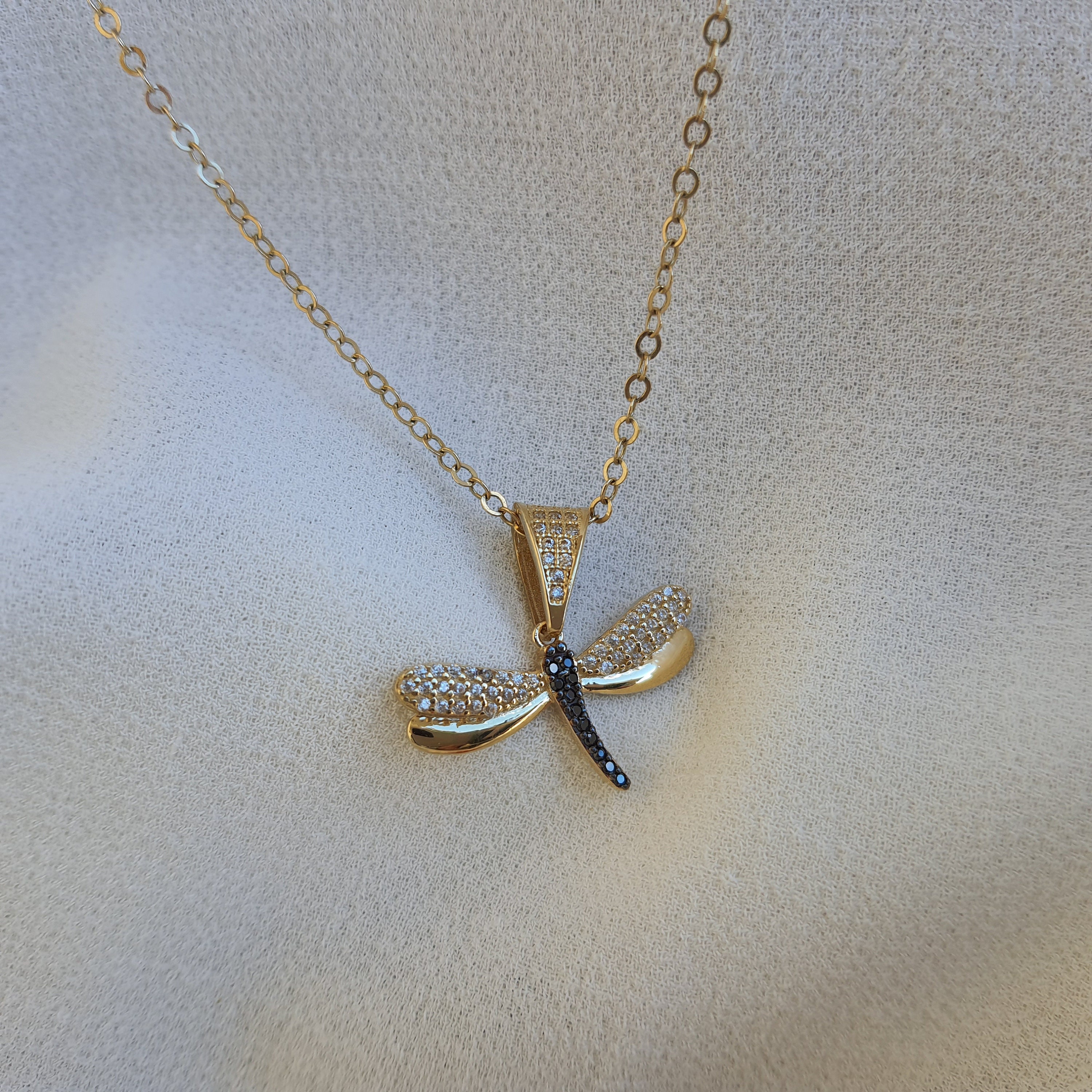 14k Solid Gold Dragonfly Pendant Real Gold Dainty Necklace Etsy