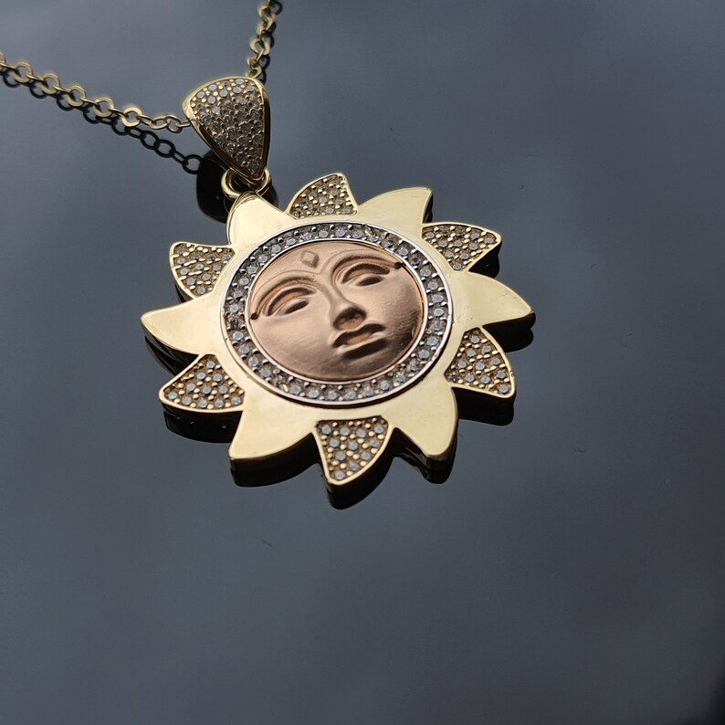 14k Solid Gold Sun Pendant Sun Face Pendant Real Gold Dainty Etsy