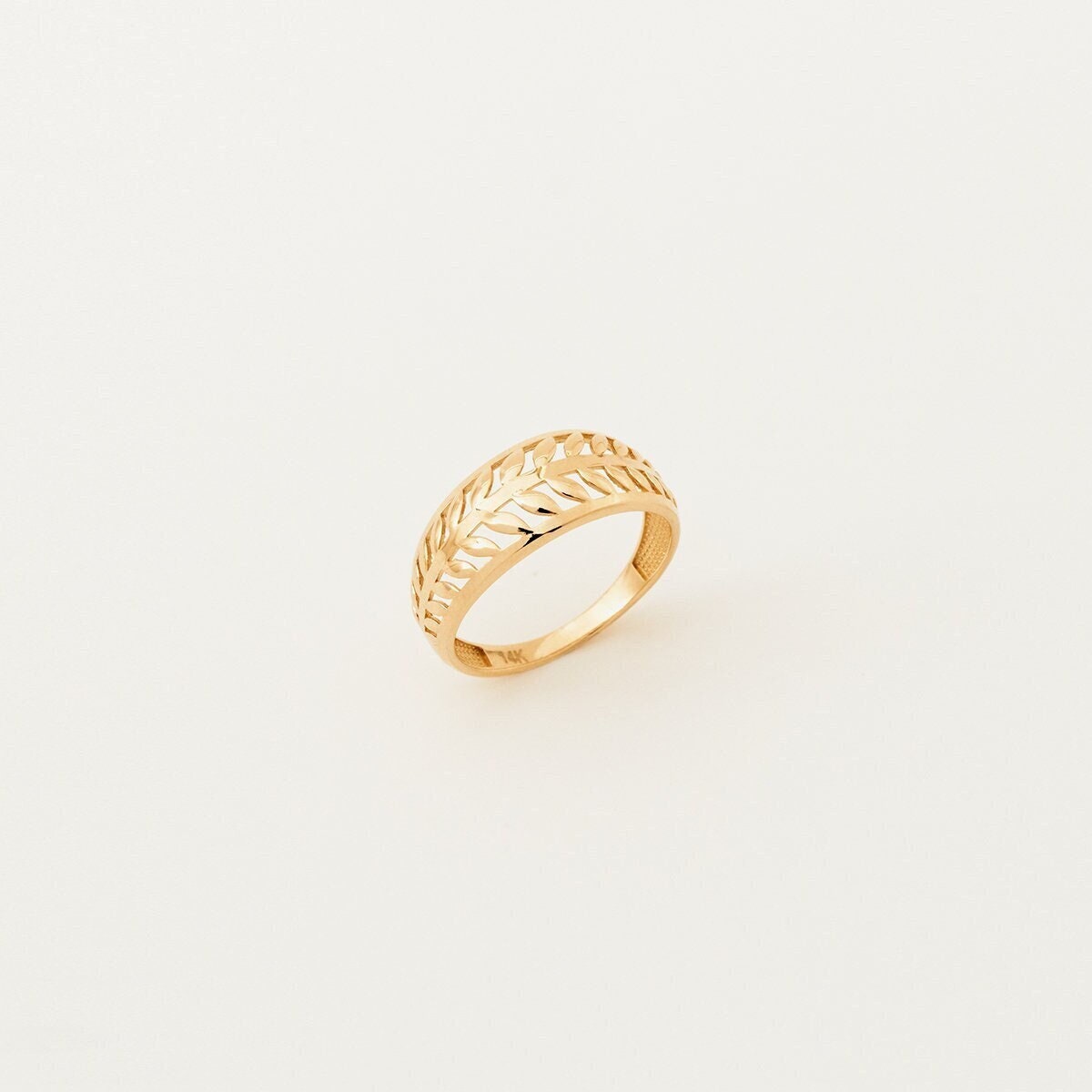 14K Solid Gold Leaf Ring: Minimalist Wedding Band