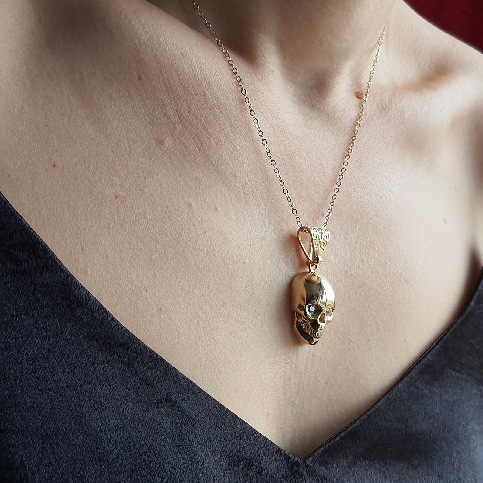 14k Solid Gold Skull Charm Skull Necklace Christmas Etsy