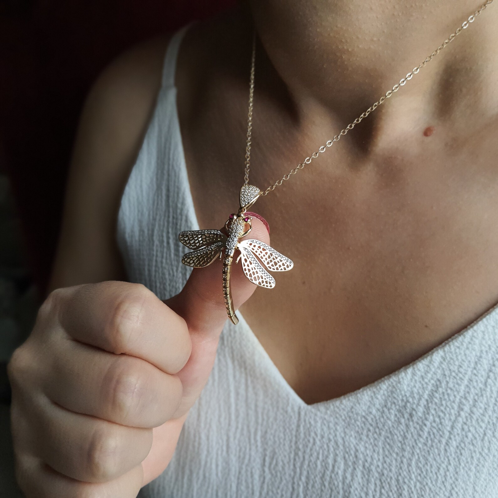 14k Solid Gold Dragonfly Pendant Real Gold Dainty Necklace Etsy