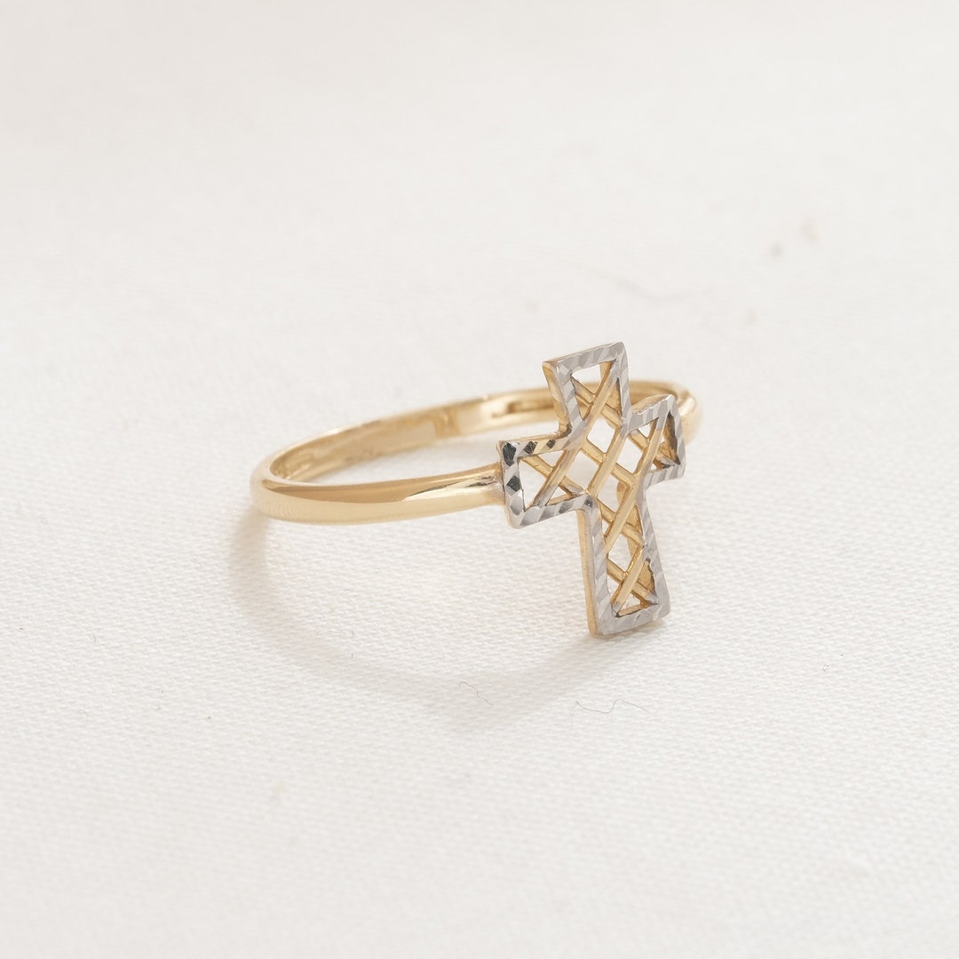 Cross Ring in Two Tones for Women, 14K Solid Gold Crucifix Religious ...