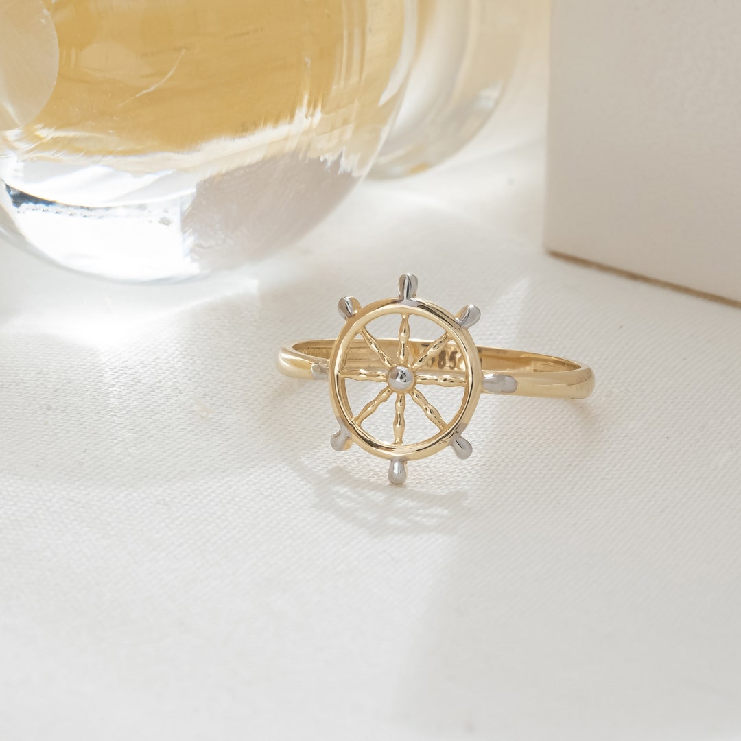 14K Solid Gold Rudder Ring, 14K Gold Wheel Rudder Ring, Gold Sailor ...