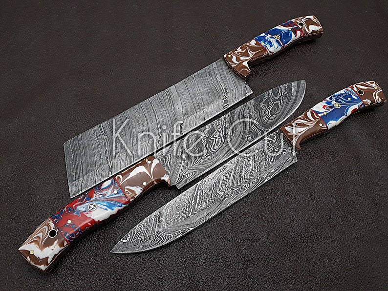 Handmade Damascus Chef Knife set of 3 pcs with Multi Resin Handle Kitchen knife Gift for Father-Groomsmen Gift-Anniversary Gift For Husband image 3