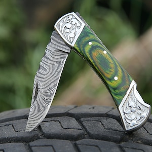 Damascus steel Groomsman Birthday Thanksgiving Gift For Men Boyfriend Gift Wedding Anniversary Husband Gift valentine's day Gift for Him Green Wood