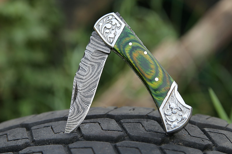 Damascus steel Groomsman Birthday Thanksgiving Gift For Men Boyfriend Gift Wedding Anniversary Husband Gift valentine's day Gift for Him Green Wood