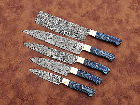 Handmade Damascus Chef Knife Set of 5 Pcs With Blue Dollar Handle Kitchen Knife  Set Beautiful Gift for Father Gift for Women Groomsmen Gift 