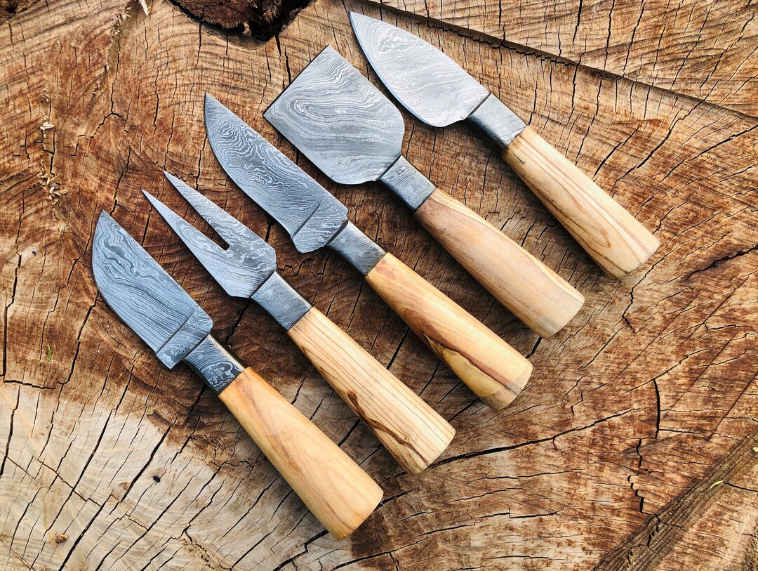 Handmade Damascus Cheese Knife Set of 5 With Olive Wood Handle Knives