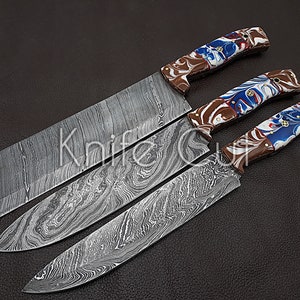 Handmade Damascus Chef Knife set of 3 pcs with Multi Resin Handle Kitchen knife Gift for Father-Groomsmen Gift-Anniversary Gift For Husband image 1