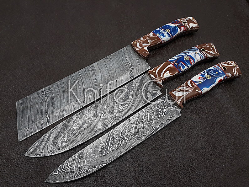 Handmade Damascus Chef Knife set of 3 pcs with Multi Resin Handle Kitchen knife Gift for Father-Groomsmen Gift-Anniversary Gift For Husband image 1