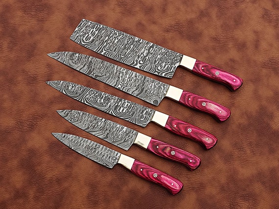 Damascus Chef Set of 5pcs With Leather Cover Handmade, Pink Purple Set,  Damascus Knife Set, Kitchen Knives Set, Birthday& Anniversary Gift 