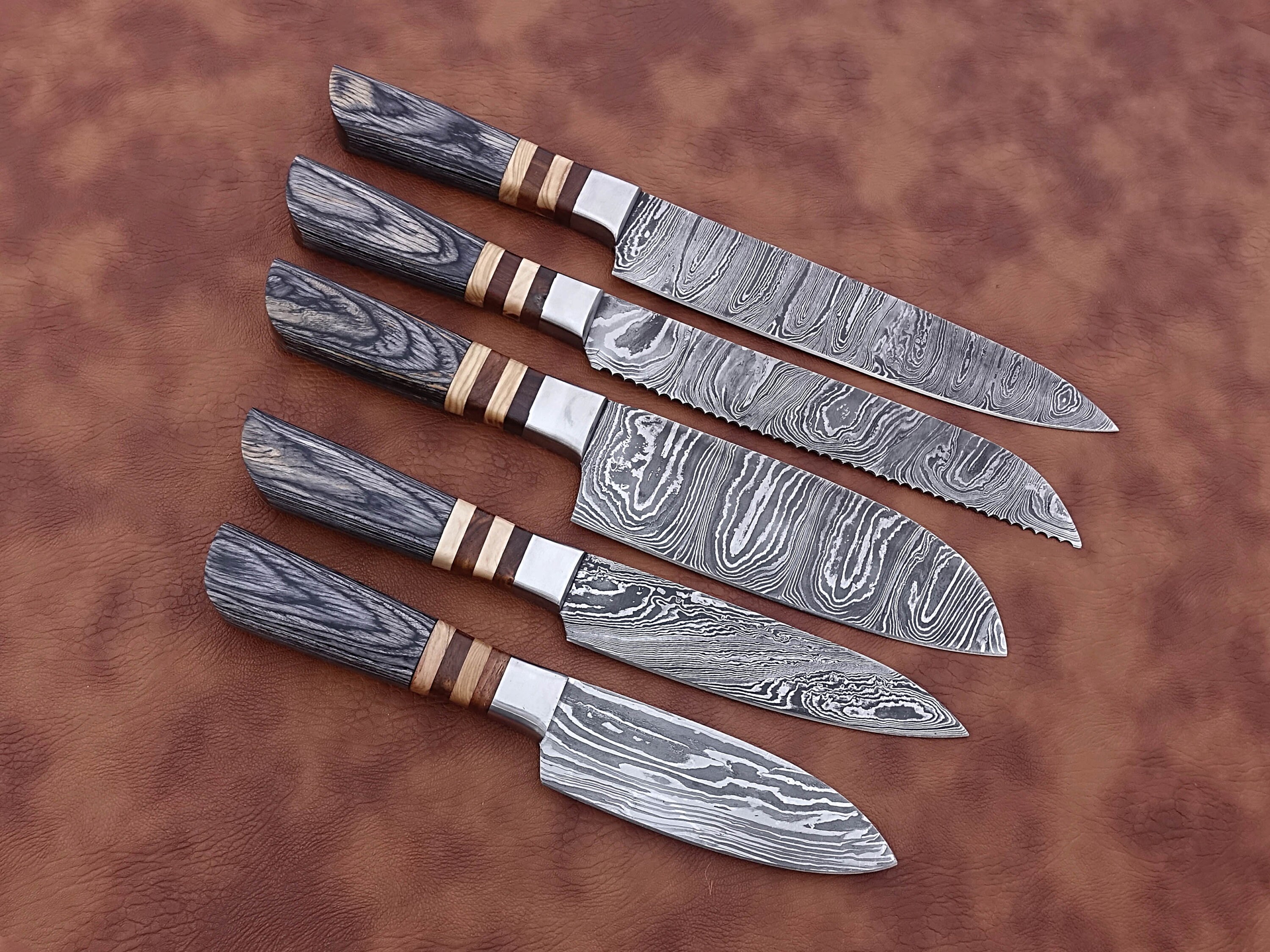 Handmade Damascus Chef Knife Set Of 5 Pcs With Grey Dollar Etsy