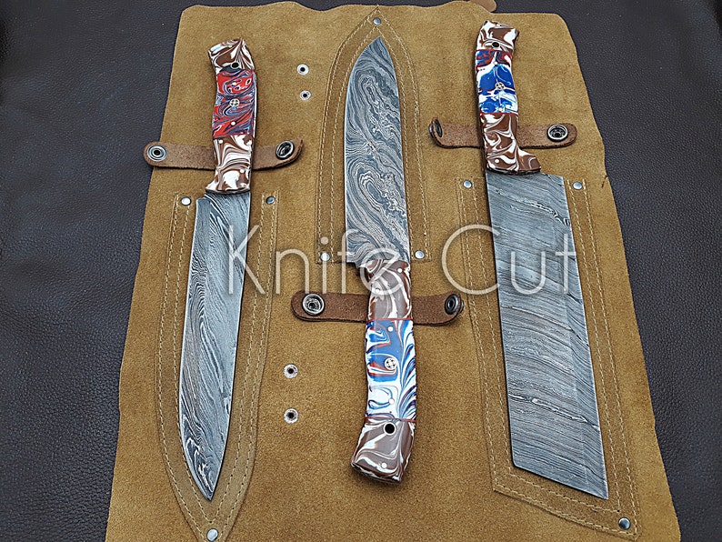 Handmade Damascus Chef Knife set of 3 pcs with Multi Resin Handle Kitchen knife Gift for Father-Groomsmen Gift-Anniversary Gift For Husband image 4
