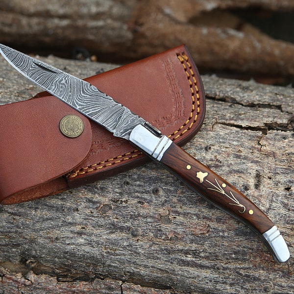 Handmade Damascus Laguiole Pocket Knife With Rose Wood Handle Gift For Father Camping Knife Gift For Women Gift For Fiancé Gift for Him