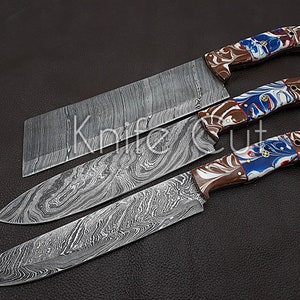 Handmade Damascus Chef Knife set of 3 pcs with Multi Resin Handle Kitchen knife Gift for Father-Groomsmen Gift-Anniversary Gift For Husband image 6