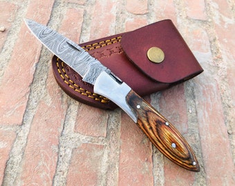 Handmade Damascus Pocket Knife Brown Handle Pocket Knife Groomsman Gift Wedding Anniversary Outdoor Gift For Him Boyfriend Gift for Dad