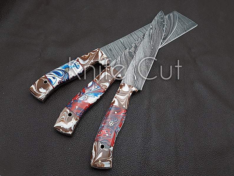 Handmade Damascus Chef Knife set of 3 pcs with Multi Resin Handle Kitchen knife Gift for Father-Groomsmen Gift-Anniversary Gift For Husband image 8