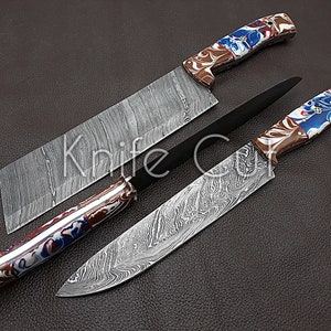 Handmade Damascus Chef Knife set of 3 pcs with Multi Resin Handle Kitchen knife Gift for Father-Groomsmen Gift-Anniversary Gift For Husband image 2