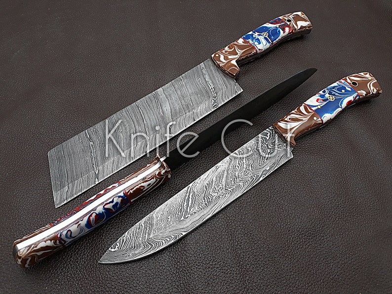 Handmade Damascus Chef Knife set of 3 pcs with Multi Resin Handle Kitchen knife Gift for Father-Groomsmen Gift-Anniversary Gift For Husband image 2