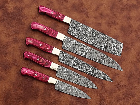 Handmade Kitchen Knives, 5pcs Chef Knife Set With Leather Sheath, Japanese Knife  Set, Damascus Chef Knife, BBQ Set Steak Knives Gift for Him 