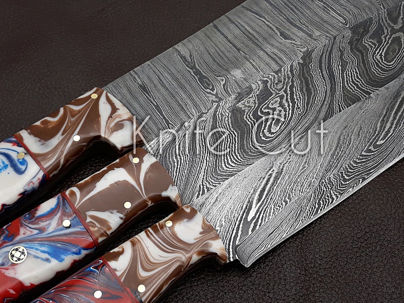 Handmade Damascus Chef Knife set of 3 pcs with Multi Resin Handle Kitchen knife Gift for Father-Groomsmen Gift-Anniversary Gift For Husband image 9