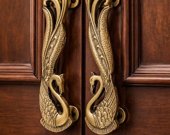 Brass Swan Door Handles Pair, Antique Peacock Style Pull Handles, Vintage Cabinet Wardrobe Handles, Handmade Indian Door Hardware