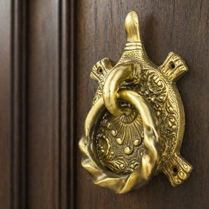May include: A brass door knocker with a turtle-shaped backplate and a ring handle. The knocker is mounted on a dark brown wooden door. The turtle-shaped backplate has intricate floral and geometric patterns.