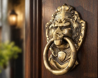 Brass Royal Lion Door Knocker, Antique Finish King Ring, Vintage Entry Hardware