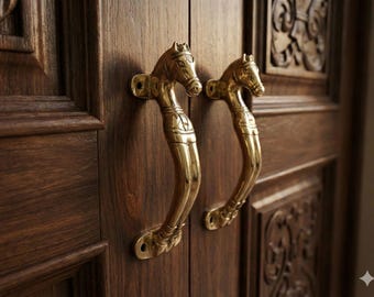 Vintage Brass Horse Door Handles Pair, Decorative Cabinet Pulls