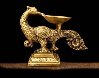 Brass Peacock Diya Oil Lamp, Antique Bird Shape Deepam, Indian Pooja Decor, Diwali Gift, Traditional Home Temple Decor
