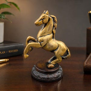 May include: A golden-colored horse statue in a rearing pose. The sculpture is mounted on a decorative base and sits on a dark wooden surface. The statue has detailed features and is positioned near a potted plant and a book with the words "FOCUS - PLAN - SUCCEED".
