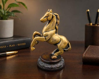 Brass Horse Statue Decor, Antique Finish Table Showpiece, Handmade Desk Decor, Indian Home Office Decor Gift