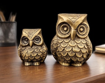 Brass Owl Statue Set, Antique Finish Owl Figurines, Tabletop Home Decor, Handmade Desk Decor Gift