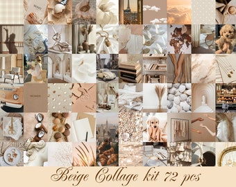 May include: Beige collage kit with 72 pieces. The collage kit features a variety of images, including a vintage car, a dog, a seashell, a croissant, and a book. The images are all in shades of beige and brown.