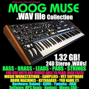 Op de afbeelding: Een zwarte synthesizer met een houten frame en een toetsenbord. De afbeelding bevat de tekst "MOOG MUSE .WAV file Collection" in het groen, samen met details over de audiobestanden, waaronder "BASS - BRASS - LEADS - PADS - STRINGS".