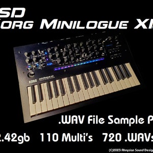 May include: A black Korg Minilogue XD synthesizer with a 37-key keyboard, a variety of knobs and buttons, and a blue and purple light display. The text "ASD KORG MINILOGUE XD" is displayed above the synthesizer. The text ".WAV File Sample Pack 2.42gb 110 Multi's 720 .WAVS (C)2023 Ahnyxian Sound Design / Rik Marston" is displayed below the synthesizer.