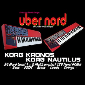 Może przedstawiać: Czerwona klawiatura syntezatora Korg Kronos i Korg Nautilus z tekstem "uber nord" i "UVA2: Uber Virtual Analog 2" nad klawiaturami. Tekst pod klawiaturami brzmi "54 Nord Lead 1 + 2 Multisamples! 128 Nord PCGs! - Bass - PADS - Brass - Leads - Strings -"