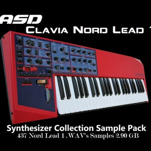May include: A red Clavia Nord Lead 1 synthesizer with a black keyboard and a blue control panel. The synthesizer has a variety of knobs and buttons. The text "Synthesizer Collection Sample Pack" and "437 Nord Lead 1. WAV's Samples 2.90 GB" is displayed below the synthesizer.