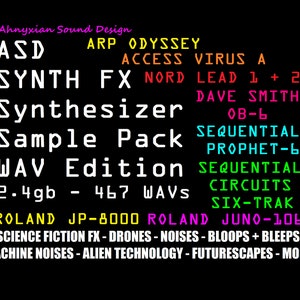 Puede incluir: Un fondo negro con texto blanco que dice "Ahnyxian Sound Design" y enumera una variedad de paquetes de muestras de sintetizador. El texto está en diferentes colores, incluyendo rosa, amarillo, naranja, rojo, verde, azul y cian. El texto también incluye los nombres de varios sintetizadores, incluyendo "Roland JP-8000", "Roland Juno-106", "Access Virus A", "Nord Lead 1 + 2", "Dave Smith OB-6", "Sequential Prophet-6", y "Sequential Circuits Six-Trak". El texto también incluye el tamaño del paquete de muestras, que es de 2,4 GB y contiene 467 archivos WAV. El texto también incluye una descripción del paquete de muestras, que incluye "efectos de ciencia ficción", "drones", "ruidos", "bloops", "bleeps", "ruidos de máquina", "tecnología alienígena", "paisajes futuros", y "más!"