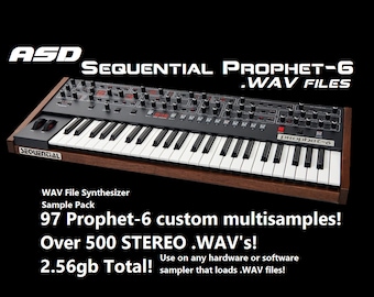 May include: A black and brown Sequential Prophet-6 synthesizer keyboard with 97 custom multisamples and over 500 stereo WAV files. The image text reads "ASD SEQUENTIAL PROPHET-6 .WAV FILES" and "WAV File Synthesizer Sample Pack 97 Prophet-6 custom multisamples! Over 500 STEREO .WAV's! 2.56gb Total! Use on any hardware or software sampler that loads .WAV files!"