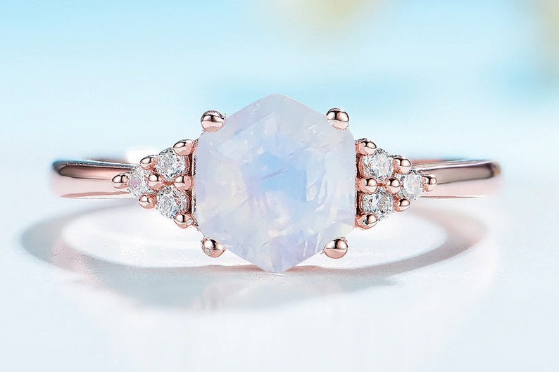 Moon Stone Ring in Silver Rose Gold Moonstone Hexagon Moonstone Ring Best Friend Ring 925 Sterling Silver Natural Rainbow Moonstone Ring