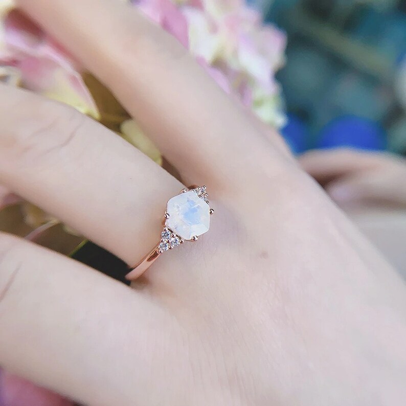 Moon Stone Ring in Silver Rose Gold Moonstone Hexagon Moonstone Ring Best Friend Ring 925 Sterling Silver Natural Rainbow Moonstone Ring