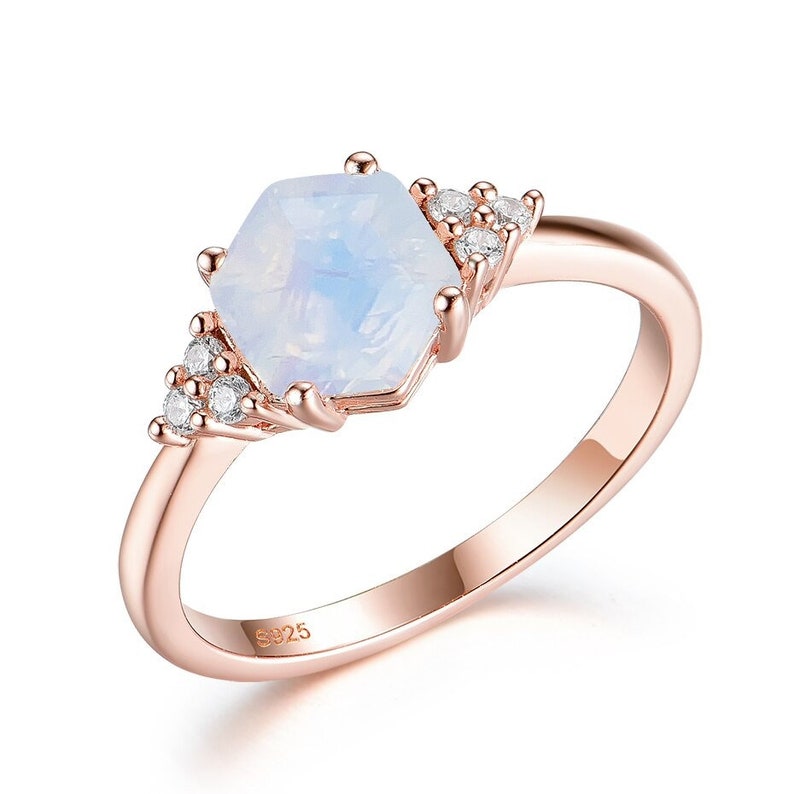 Moon Stone Ring in Silver Rose Gold Moonstone Hexagon Moonstone Ring Best Friend Ring 925 Sterling Silver Natural Rainbow Moonstone Ring