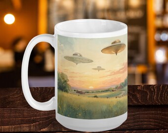 UFO UAP Coffee Mug, Flying Saucer Graphic Ceramic Mug, Cottagecore Drinkware