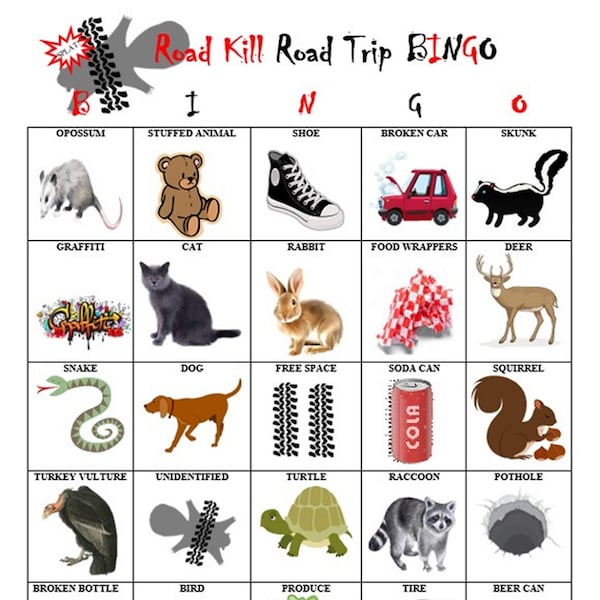 Roadkill Road Trip Bingo, 4 Unique Bingo Cards, Family Car Game, Vacation Planning, Traveling with Kids, RV Accessories, Digital Download