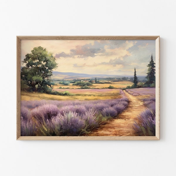 Printable Lavender Fields Painting, Spring Flower Field Landscape Painting, Lavender Landscape Painting, Digital Landscape Oil Painting