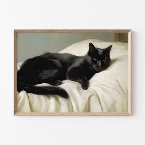 印刷可能なヴィンテージ黒猫の絵画、黒猫のヴィンテージプリント、猫の壁プリント、猫のプリントの壁装飾、動物の壁プリント、猫の油絵