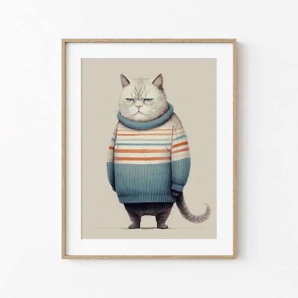 Chubby Cat In Cozy Sweater, Funny Kitty Decor, Funny Cat Art, Fat Cat Poster, Minimal Wall Art, Modern Cat Art Poster, Grumpy Cat Wall Print