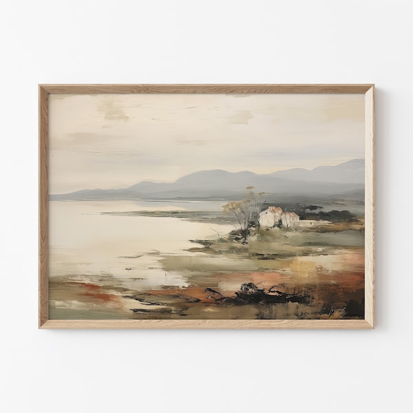 Printable Vintage Textured Coastal Painting, Vintage Neutral Landscape Painting, Muted Tonal Print, Soft Tonal Wall Art, Digital Download