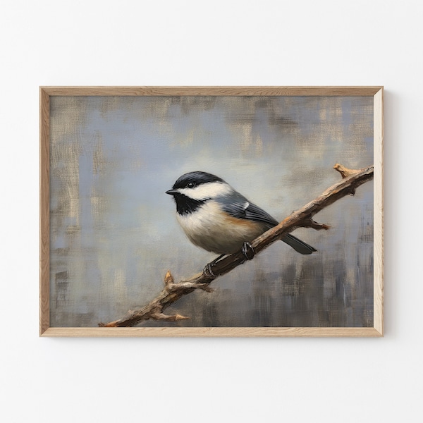 Printable Vintage Chickadee Print, Neutral Chickadee Vintage Print, Neutral Wall Print, Vintage Bird Print Wall Decor, Animal Wall Print